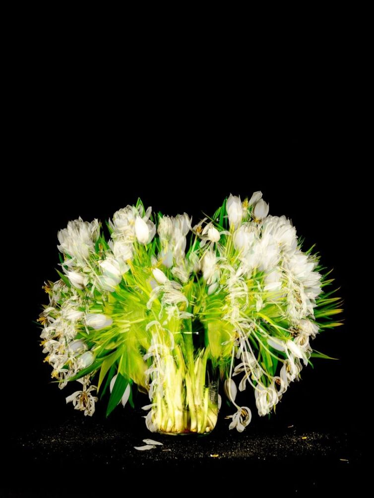 A bouquet of white tulips and green foliage arranged in a clear vase against a black background.