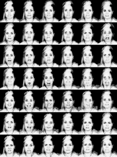A grid displaying various facial expressions of a woman in black and white.