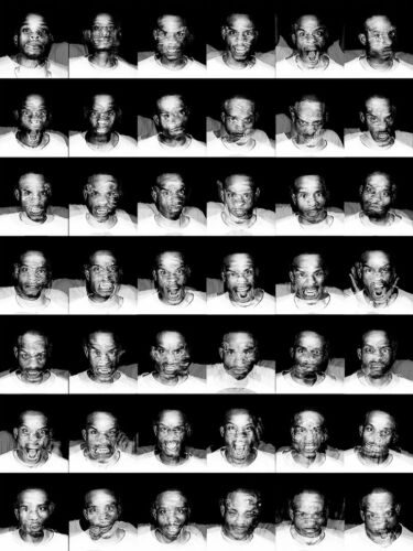 Grid displaying a series of black and white images of a person's facial expressions in various poses.