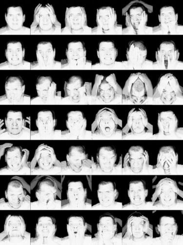 A grid displaying various facial expressions of a person showing different emotions and reactions.
