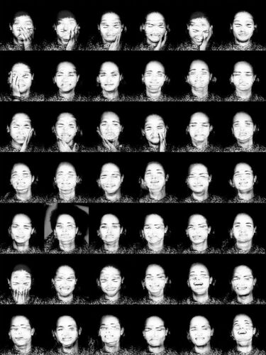 Collage of black and white portraits showing various facial expressions of a person.