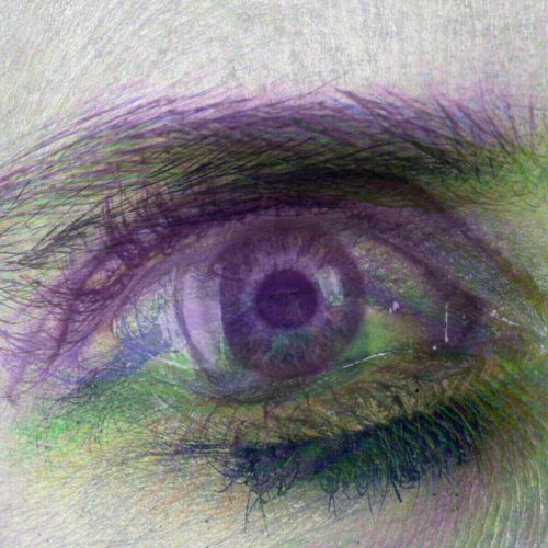 Close-up image of a human eye with colorful effects and textures applied.