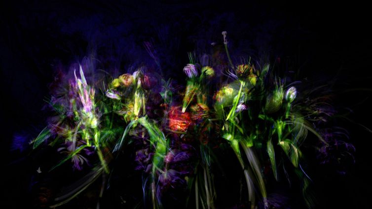 An abstract representation of a floral arrangement with vibrant colors and blurred details.