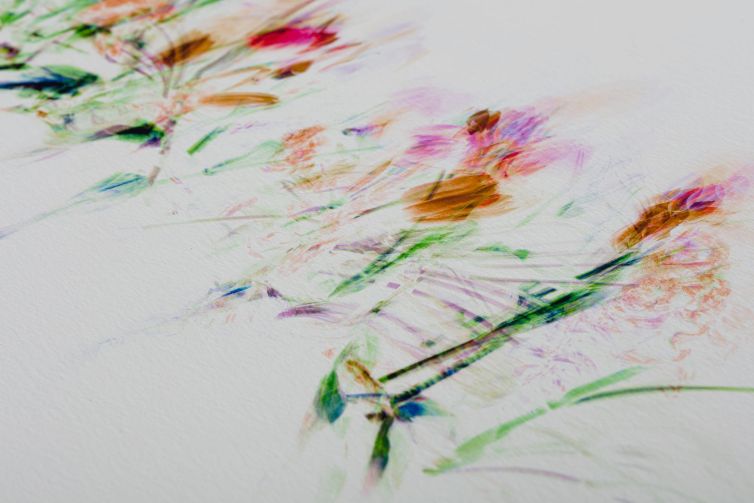 Abstract artwork featuring colorful floral designs with soft brush strokes on textured paper.