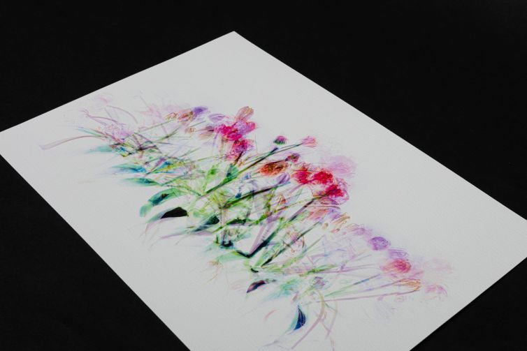Art print featuring a colorful arrangement of flowers with a soft, abstract style on textured paper.